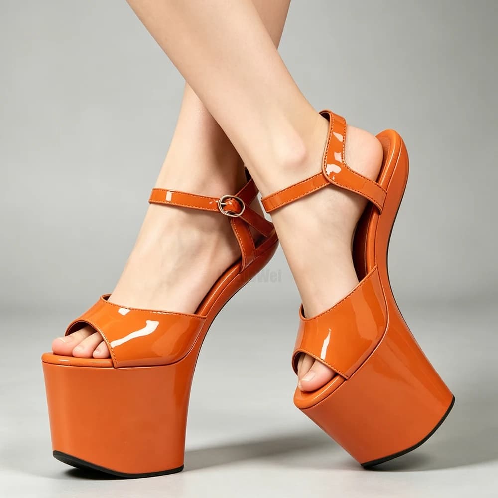Sandali Unisex con Tacco Alto 8 Pollici e Piattaforma Ultra Alta, Arancioni in Vernice con Punta Aperta, Scarpe Sexy Y2K per Nightclub e Spettacoli