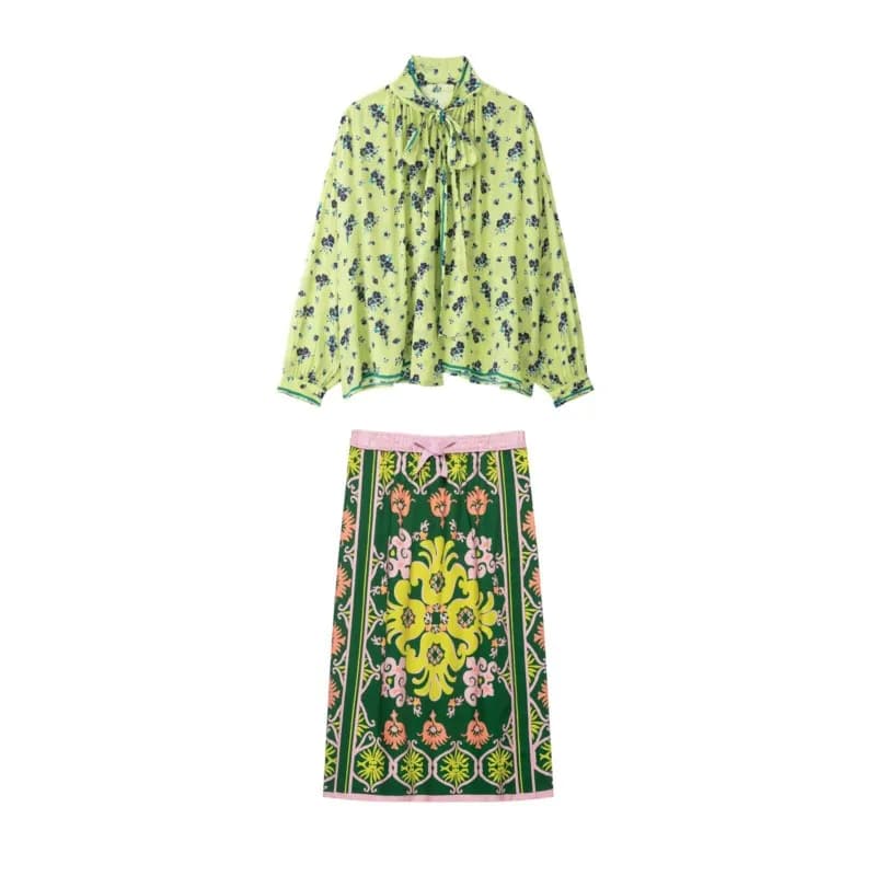 Women's Printed Midi Skirts Set New 2026 Autumn High Neck Loose Shirt with Bow Elastic Waist Skirt Two Piece Set Women Outfit