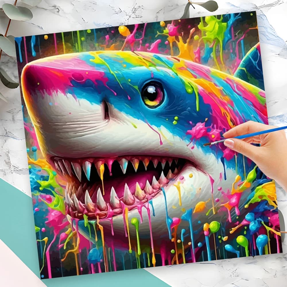 Momoart New Arrivals: Kit Painting Numbers with Shark, Painted Fai-da-Te on Frame, Colorful Wall Art, Unique Gift