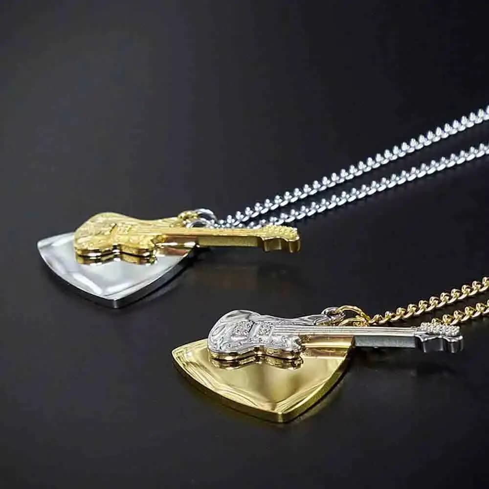 Stainless Steel Guitar and Pick Pendant Necklace for Men Women Hypo Allergenic Surgical Grade Rocker Musician