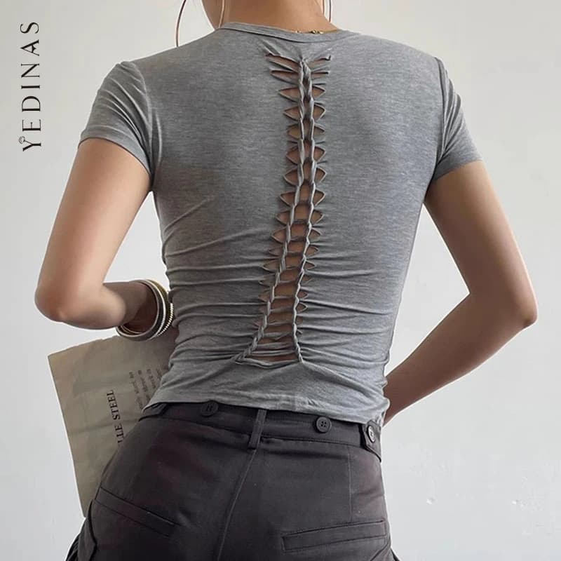Yedinas Back Hollow Out Solid Women's T-shirt Korean Fashion Short Sleeve Slim Streetwear Summer Tops Soft Tees Female Clothing