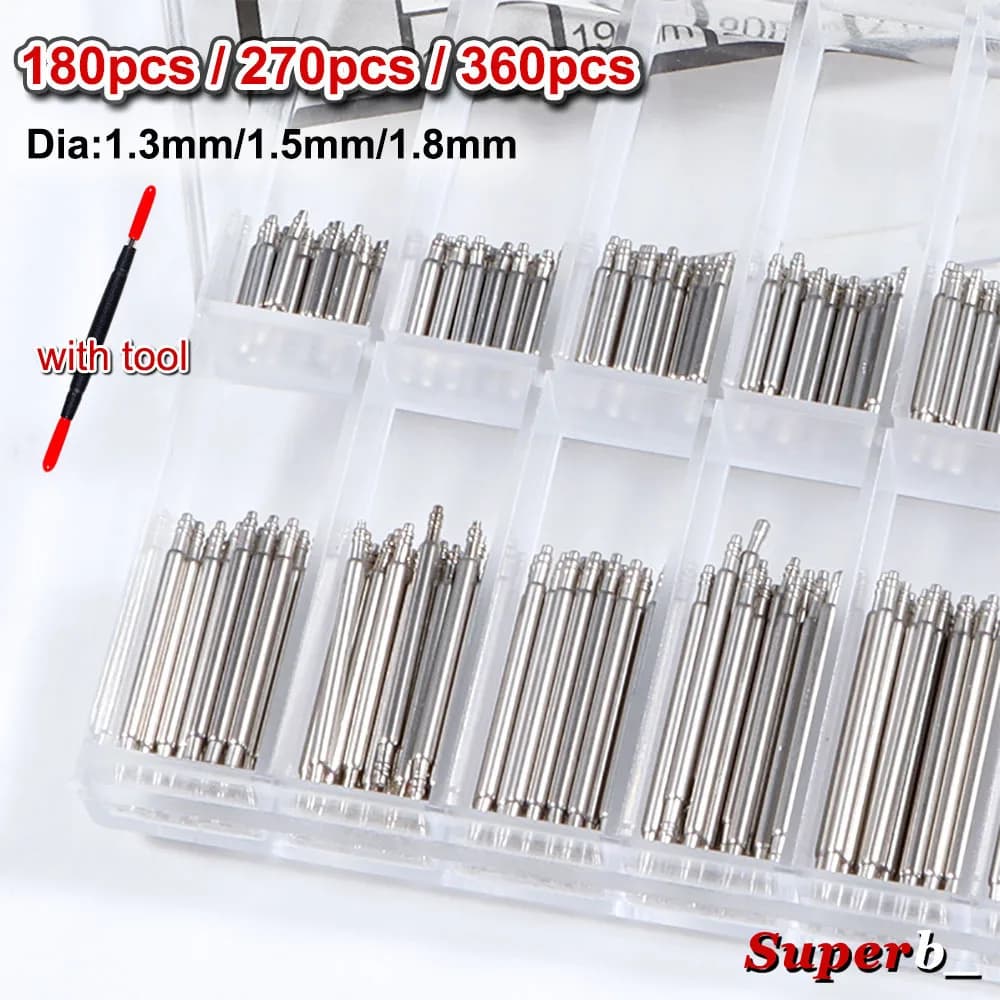 360 Pezzi Barrette a Molla in Acciaio Inossidabile Diametro 1.3mm/1.5mm/1.8mm Lunghezza 8mm-25mm, Perni Metallici per Cinturini di Orologi, Strumenti per Riparazione Orologi