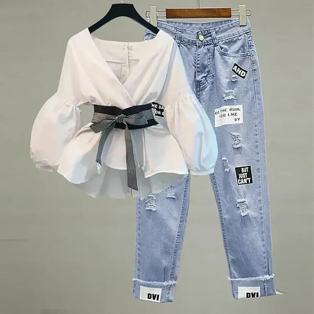 Camicia da donna elegante in chiffon sottile con scollo a V, manica a lanterna, cintura con fiocco, top e jeans strappati coreani, abito casual da donna da ufficio