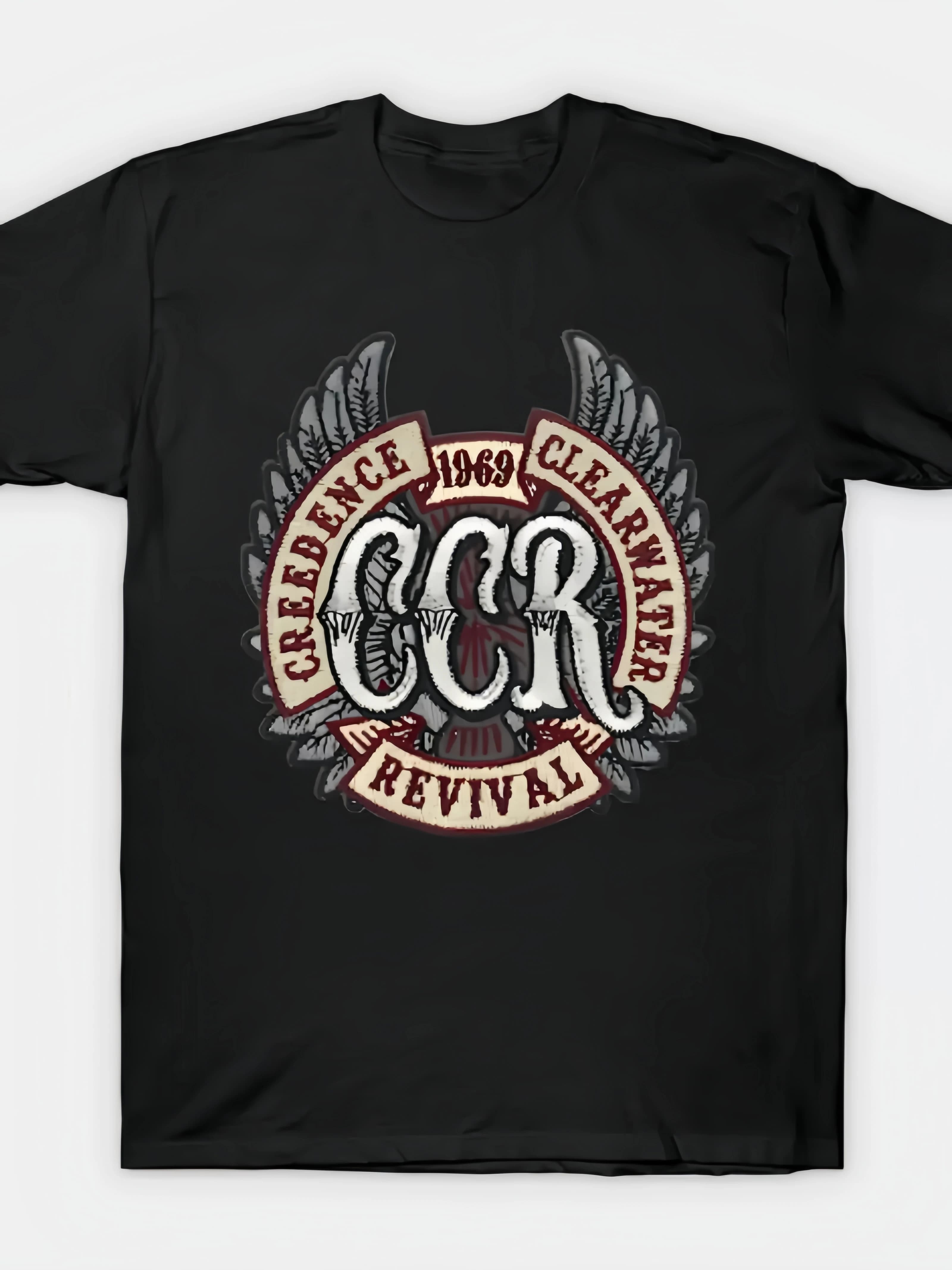 T-shirt vintage Creedence Clearwater Revival - nera con design grafico rosso e bianco, girocollo casual, abbigliamento per tutte le stagioni