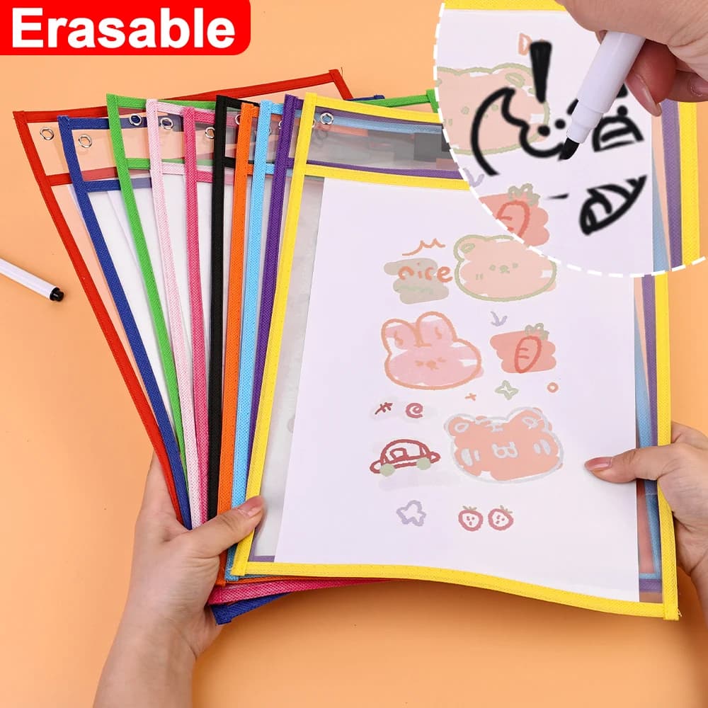 Dry eraser pockets reusable documents folders A4 transparent teaching for children drawing table Fixed files supplies for card storage