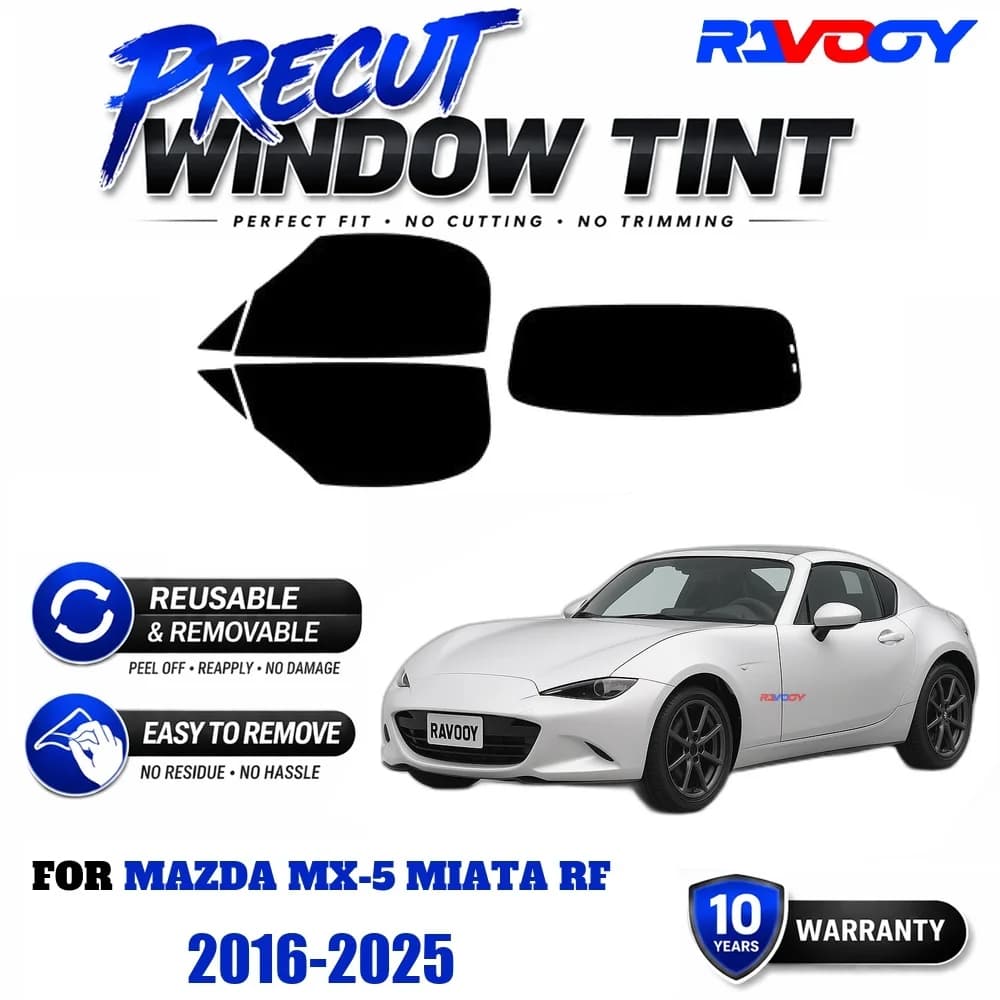 RAVOOY Precut Window Tint, Reusable Removable EPU Film, Custom Fit for Mazda MX-5 MIATA RF 2016-2025, UV Heat Protection