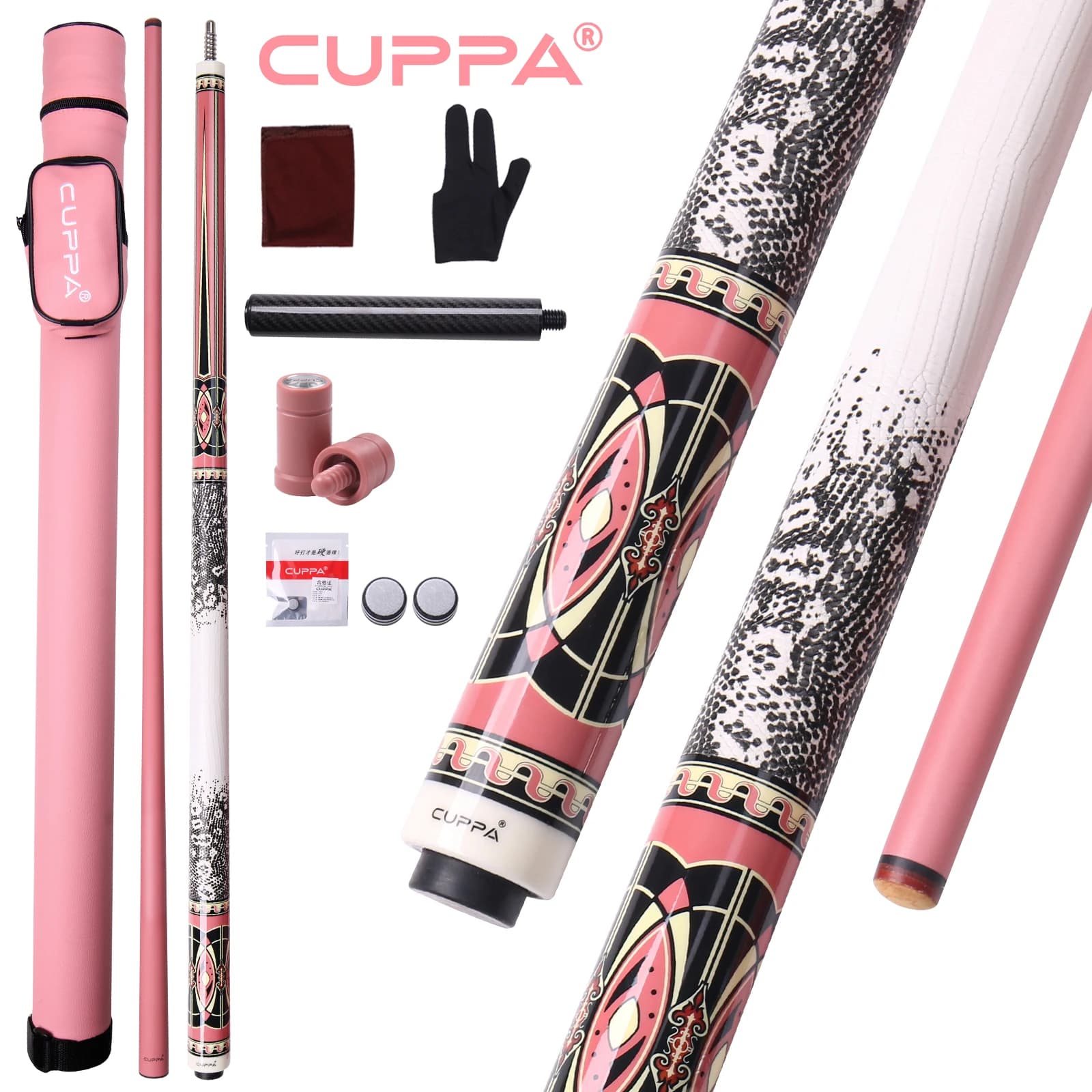 CUPPA Premium Carbon fiber Pool cue 58-inch Pink Billiard cue with Pro Low deflection Shaft Leather Grip, 12.5mm Tip for Women