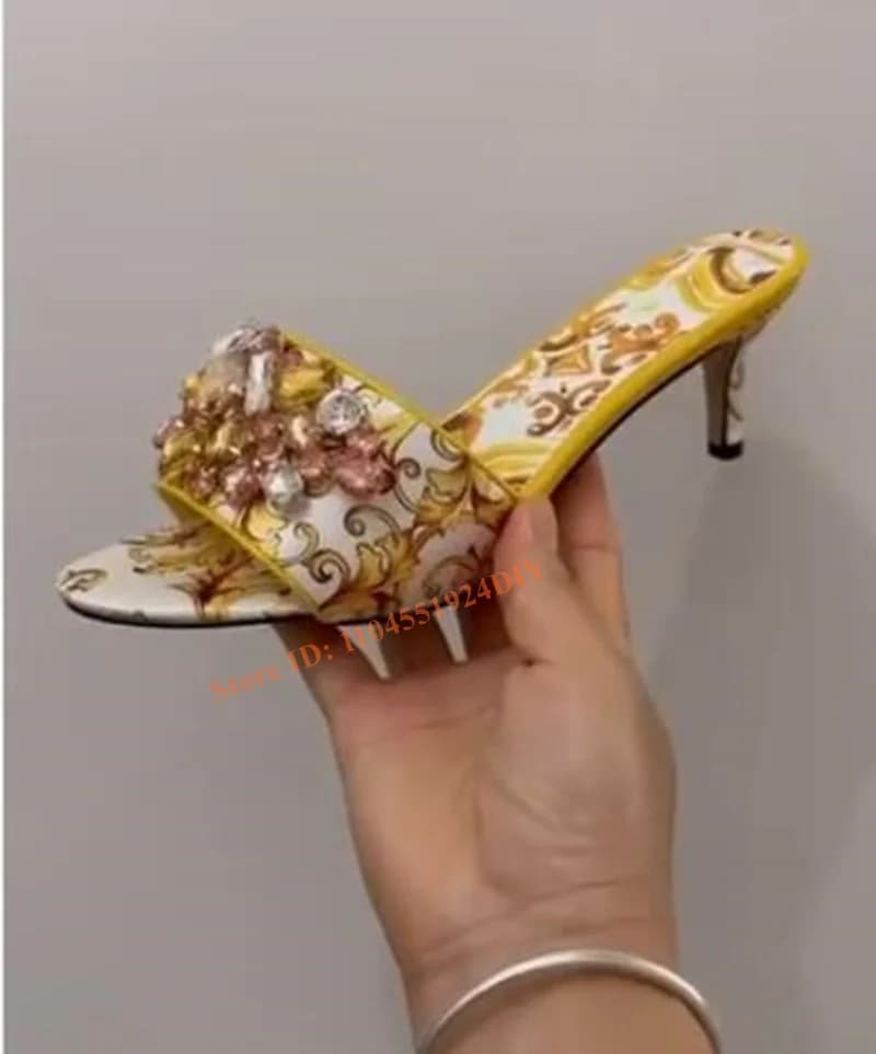 Sandali con Stampa Floreale Gialla, Tacco Alto 5Cm, Mules con Gemme, Scarpe Eleganti Open-Toe da Donna