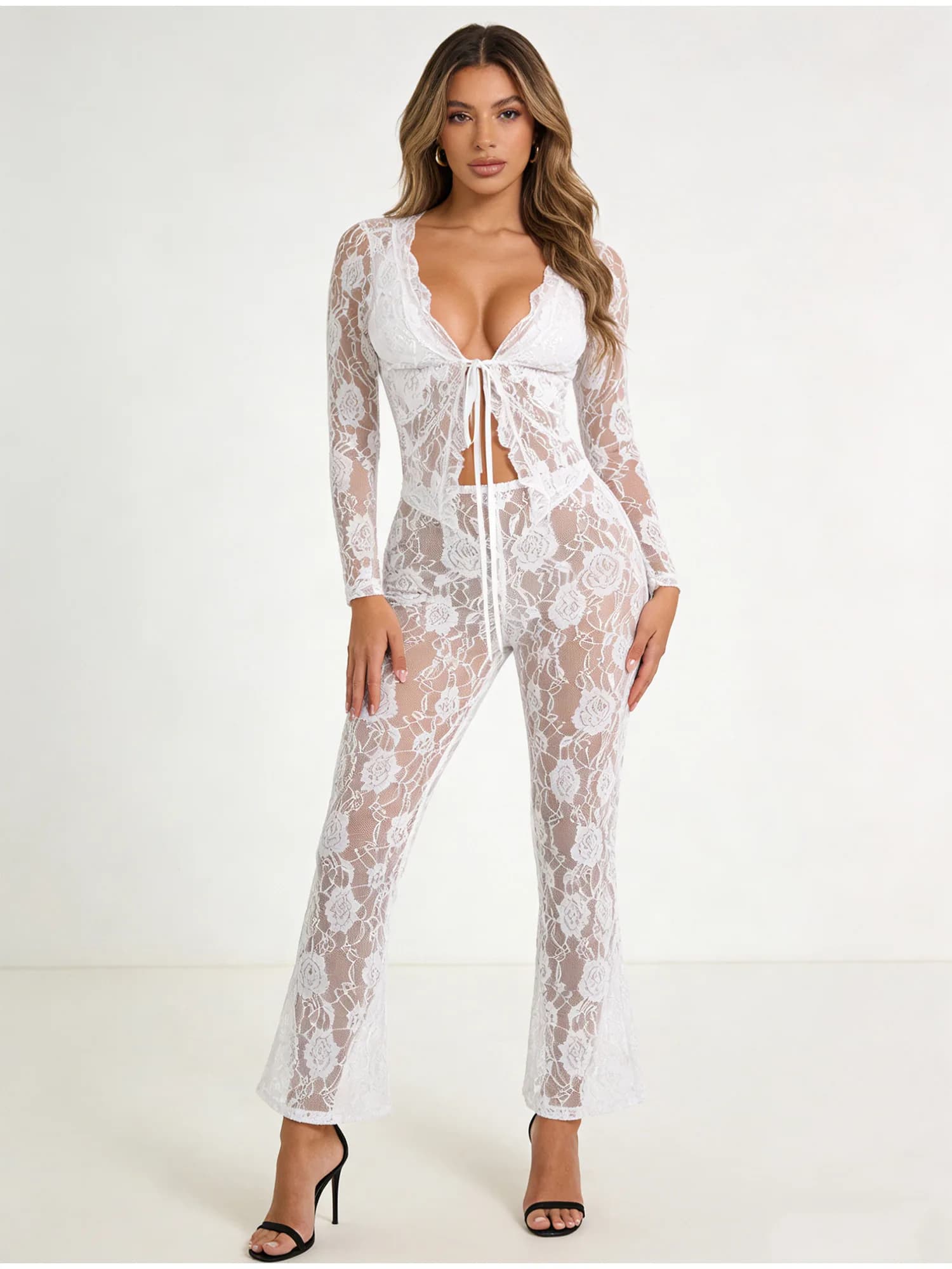 Womens V Neck Two Pieces See Through Floral Lace Cover-up Outfit Cardigan Flared Pants Suits for Party Evening Nightclub Sets