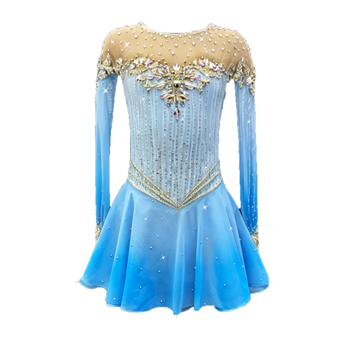 Abito blu per pattinaggio artistico, gonna senza maniche per pattinaggio su ghiaccio, abiti da competizione in spandex, gonna a mezzo collo in rete