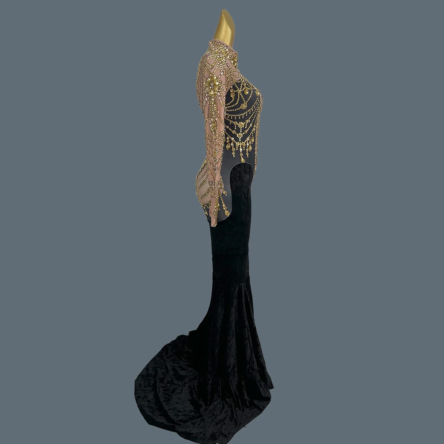 Elegante abito da cerimonia nuziale per compleanno in velluto di cristallo dorato da donna, abito da sera con ballo finale, abiti da sirena da ballo Sirongqun