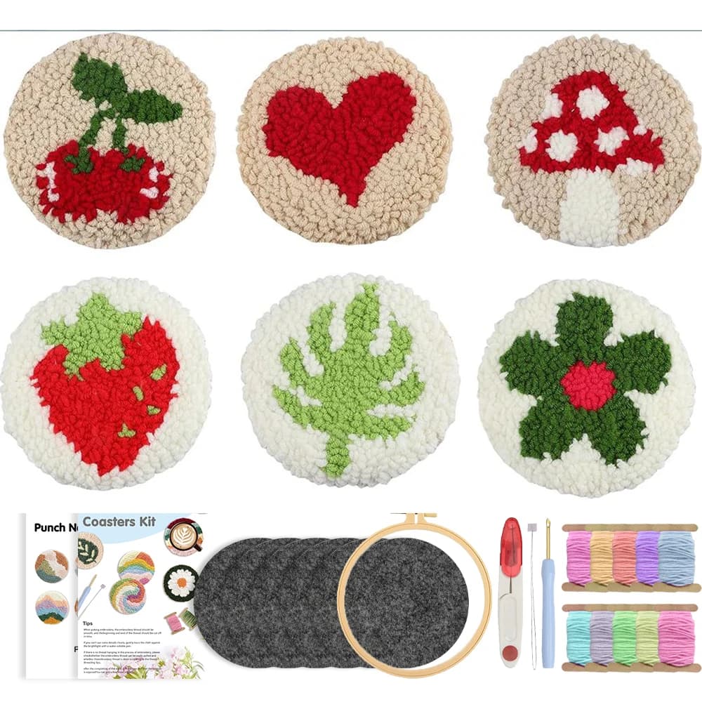 6Pcs Fruit Punch Needle Coaster Kit Punch Needle Embroidery Kit for Adults DIY Craft Supplies Tufted Coasters Tablemat