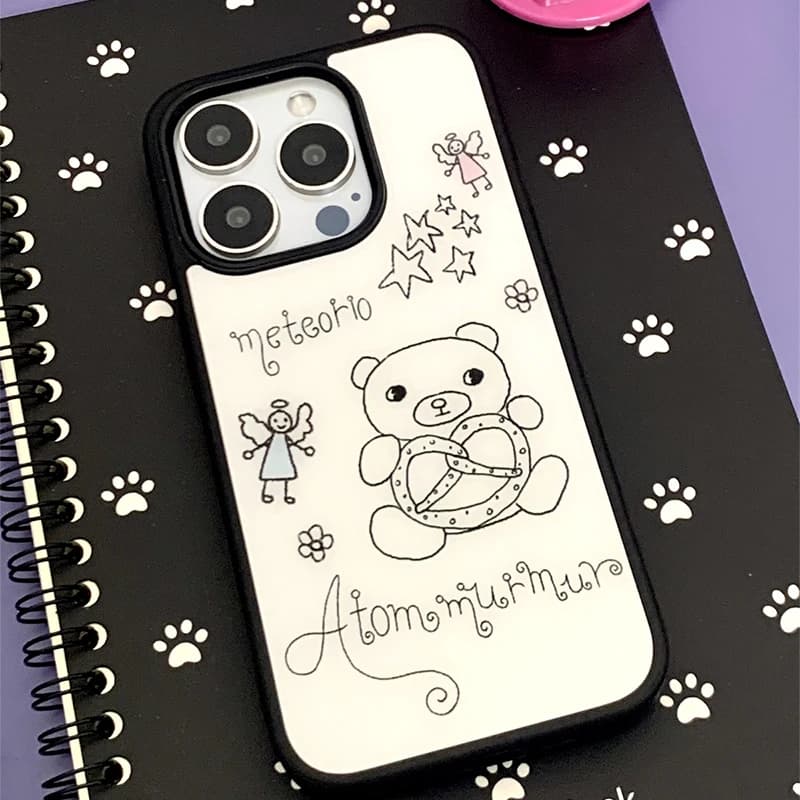 Silicone shock phone case with adorable bear and abstract graffiti for iPhone 17 Air 16 Pro Max 15 14 Plus 13 12 11