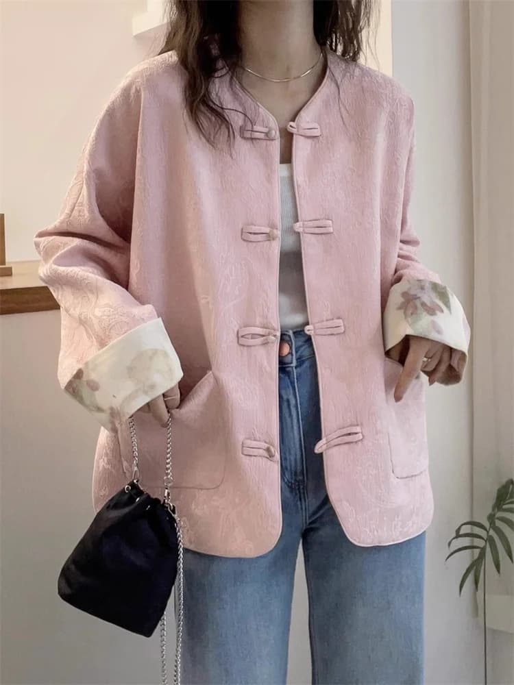 Nuova Giacca da Donna in Stile Cinese, Taglia Grande, con Nappe e Bottoni, Cardigan Aperto Slim Fit per Primavera e Autunno
