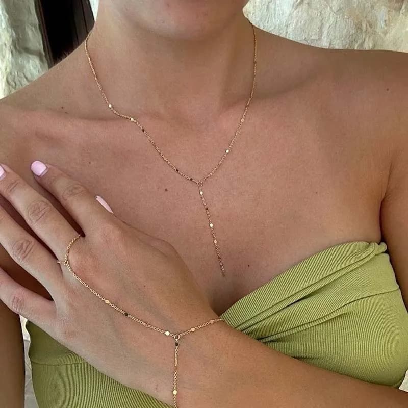 Bracciale con collana con pendente in nappa a forma di Y color oro di moda per le donne Regalo di gioielli con collana a catena piatta lunga in metallo semplice
