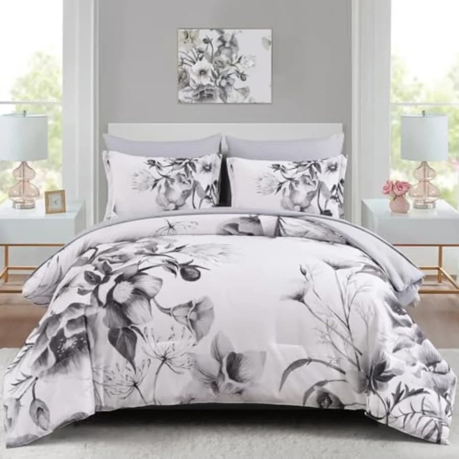Set Copripiumino Floreale 5 Pezzi, Elegante Set Biancheria da Letto con Stampa a Fiori per Tutte le Stagioni, 68"x86