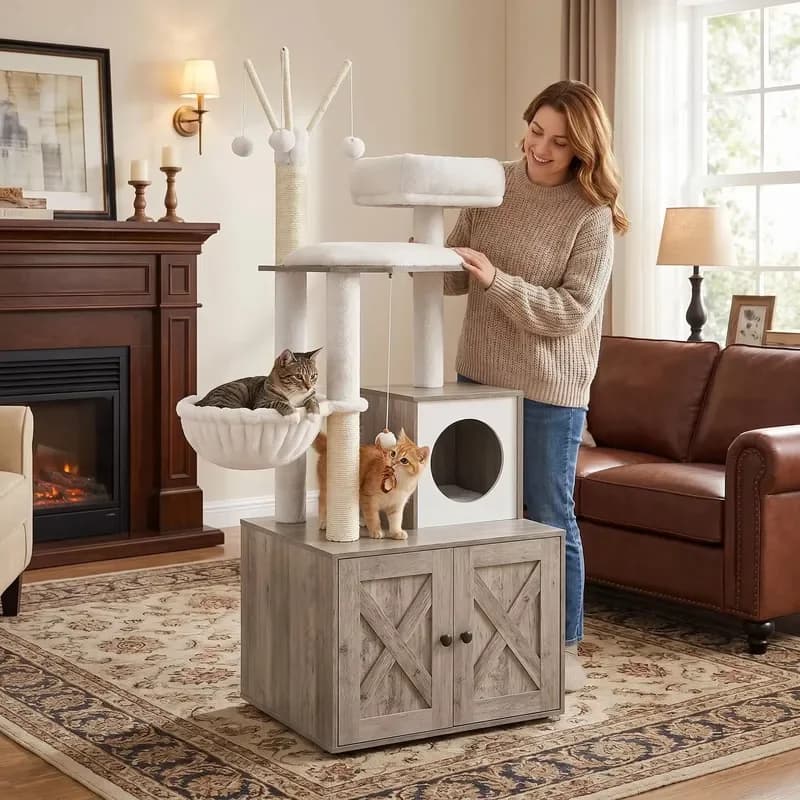 Modern Luxury Indoor Wood Cat House Storage Bench with Box Cabinet Easy Clean Button Closure Durable Safe Carton