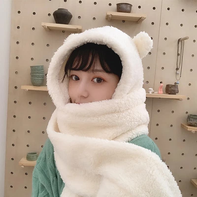 2 pcs fashion winter woman novelty caps hot bear ear hat casual hat plush scarf set casual solid woman caps present