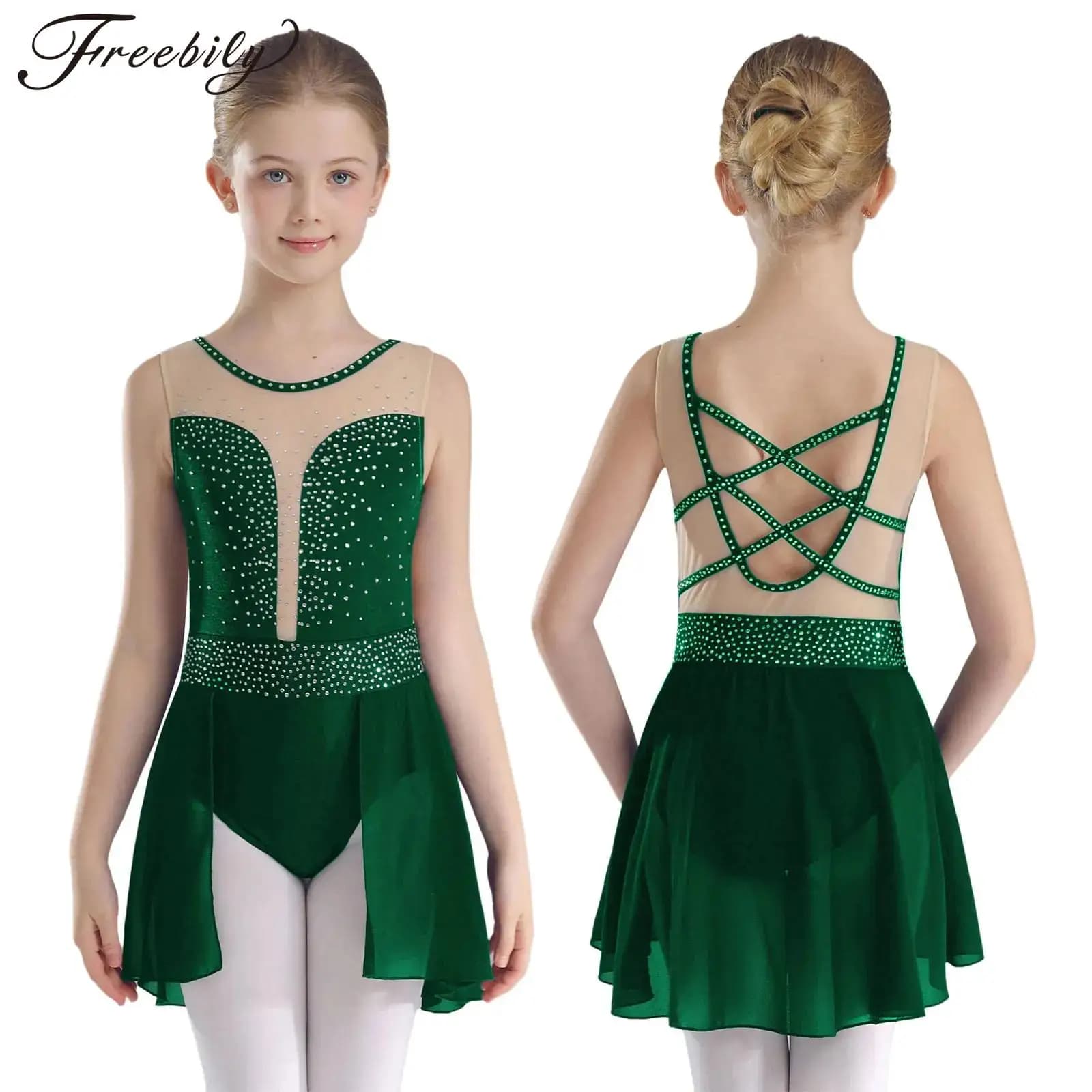 Bambini ragazze vestito da ballo lirico pattinaggio di figura balletto ginnastica acrobazie body senza maniche strass maglia tuta Dancewear