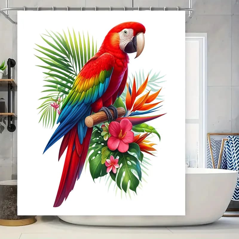 Tenda da doccia con pappagallo vibrante, decorazione per uccelli tropicali, per bagno, tessuto impermeabile, perfetta idea regalo per ristrutturazioni domestiche (Bianco)