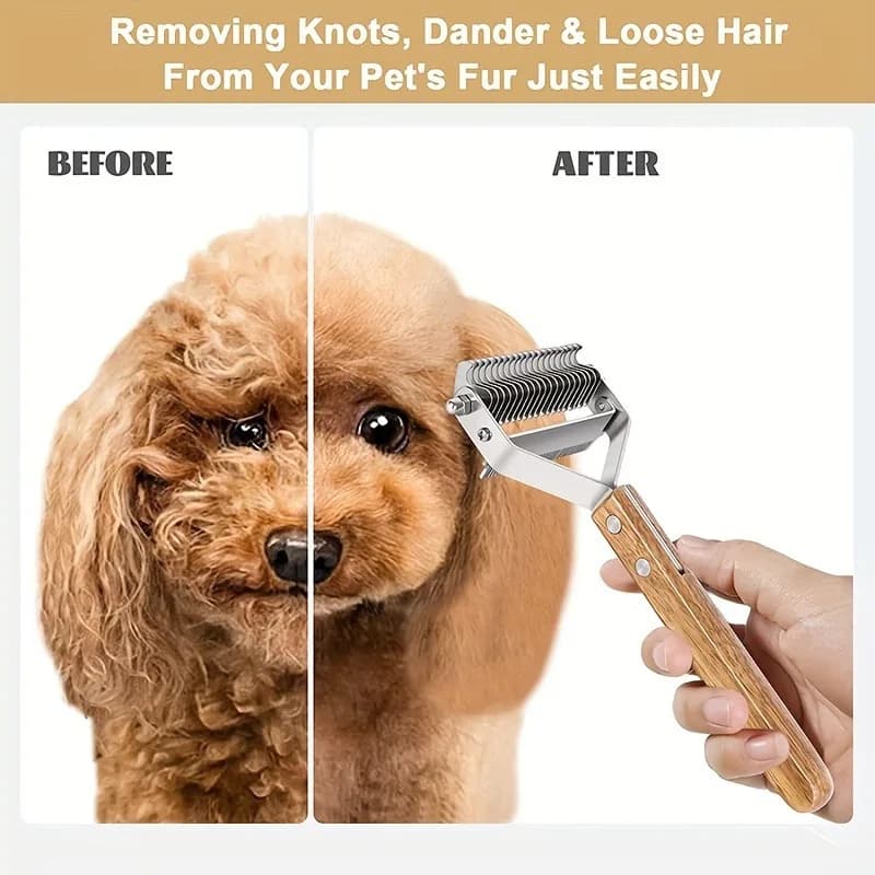 1 Pezzo Strumento per la Toelettatura di Cani, Pettine Sciogli Nodi e Rastrello per Sottopelo in Acciaio Inossidabile con Manico Ergonomico in Legno