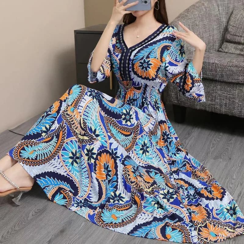 Abito Lungo Stile Etnico Xinjiang con Stampa e Collo Rotondo, Vestito da Donna con Scollo a V, Maniche a Tre Quarti, Vita Elasticizzata, Abito da Viaggio Thailandese