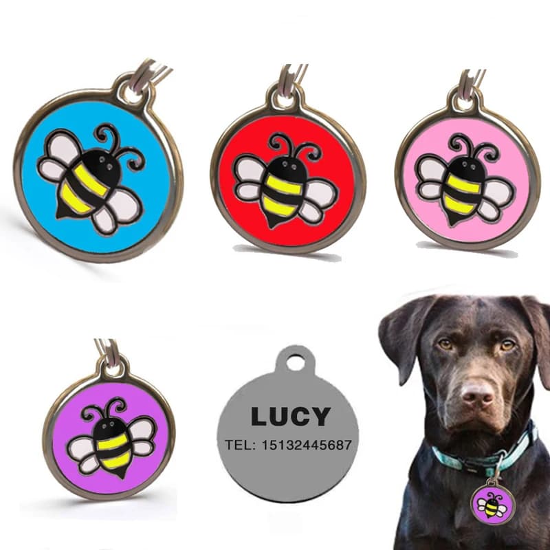 Portachiavi con targhetta identificativa per cani personalizzabile con nome, design simpatico a forma di gatto o ape, accessori per cani, pettorina per cani