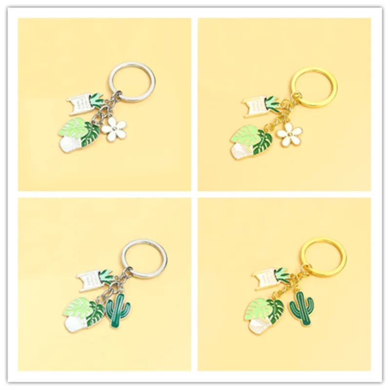Cute Green Plant Potted Enamel Keychain Cactus Flower Pendants Keyrings For Women Men Car Key Handbag Accessories Souvenirs Gift
