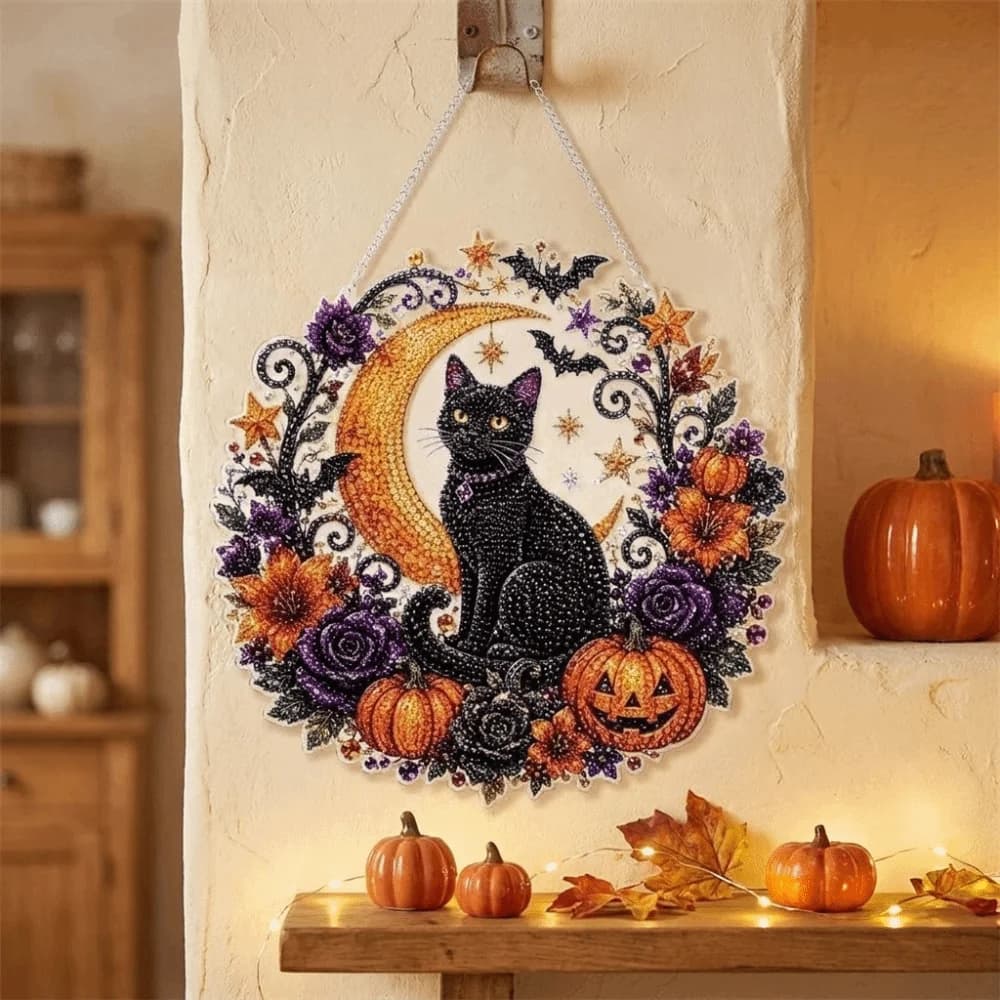 Acrylic Halloween Diamond Painting Kit Black Cat Round Ghost Sun Catcher with Hanging Chain Sparkling
