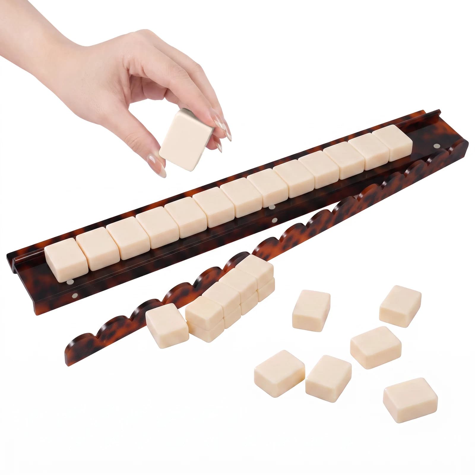 20" Mahjong Tile Rack with Magnetic Pusher Acrylic Mahjong Racks and Pusher Scalloped Mahjong Tile Holder for Family Party Game