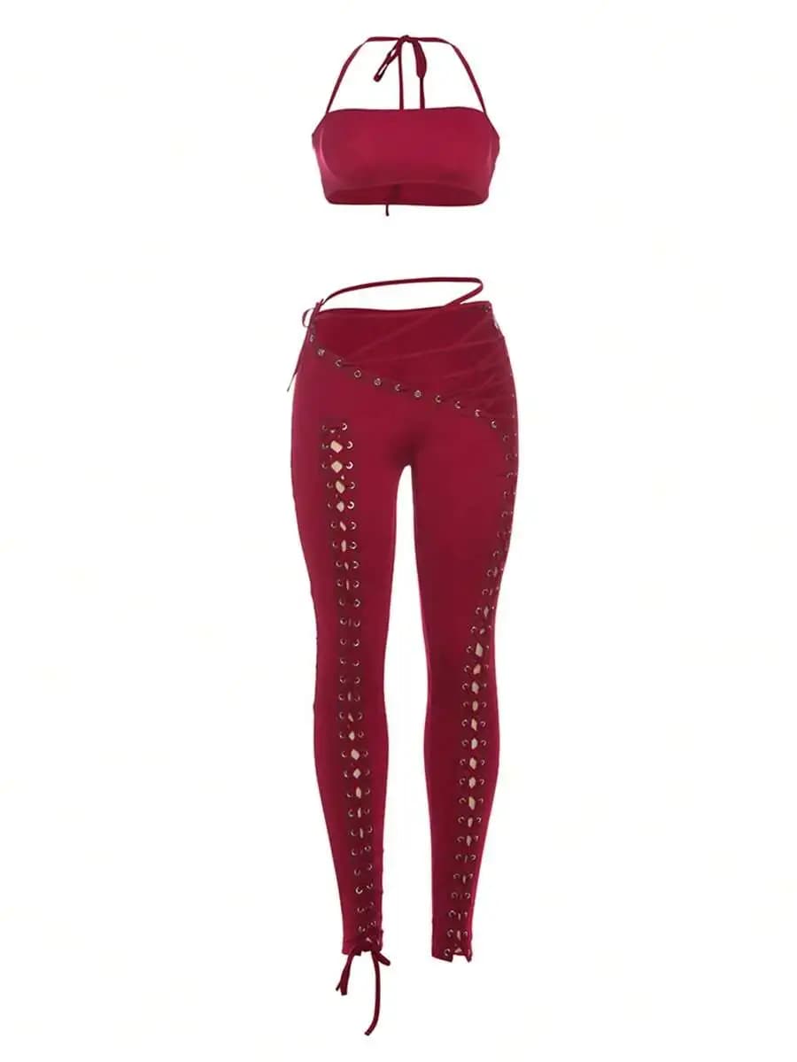 2pcs Sexy Tie-Front Crop Top And Drawstring Waist Pants, Street Fashion Set, Suitable For Parties Summer