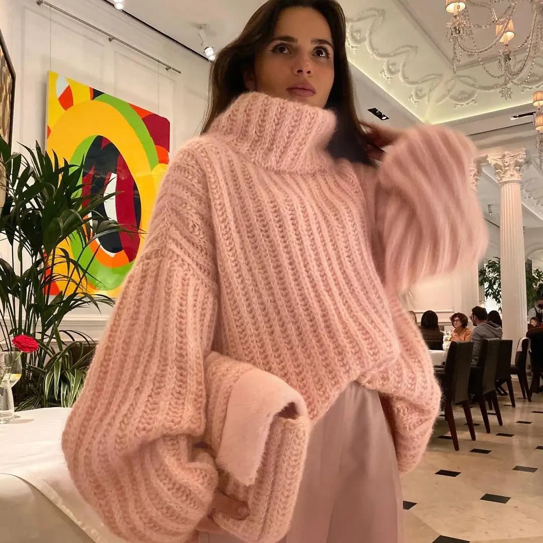 Oversize Fluffy maglione donna dolcevita Pullover lavorato a maglia manica lunga Streetwear Casual allentato top abbigliamento donna nuovo maglione rosa