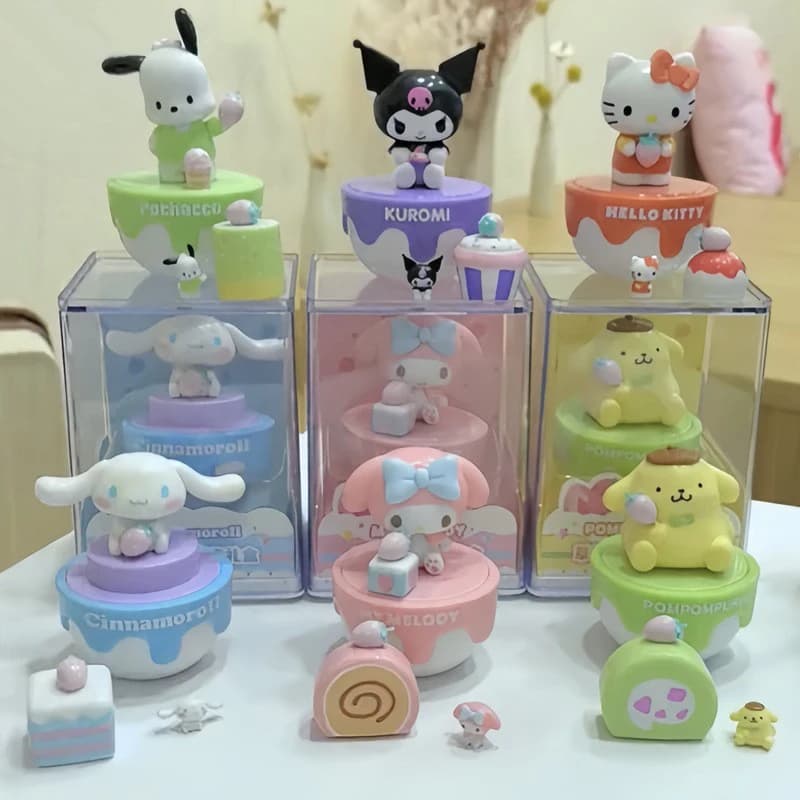 Sanrio Action Figure MY MELODY HelloKitty KUROMI POMPOMPURIN Cinnamoroll Pochacco Figurine con copertura in acrilico Regali di compleanno per bambini