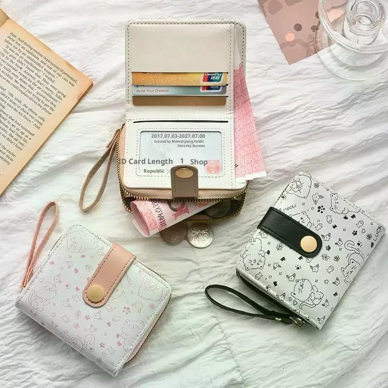 Cute Cat PU Leather Coin Purse Women Fashion Short Wallet Folding Zipper Wallet ID Card Holder Travel Lightweight Cash Coin Bags