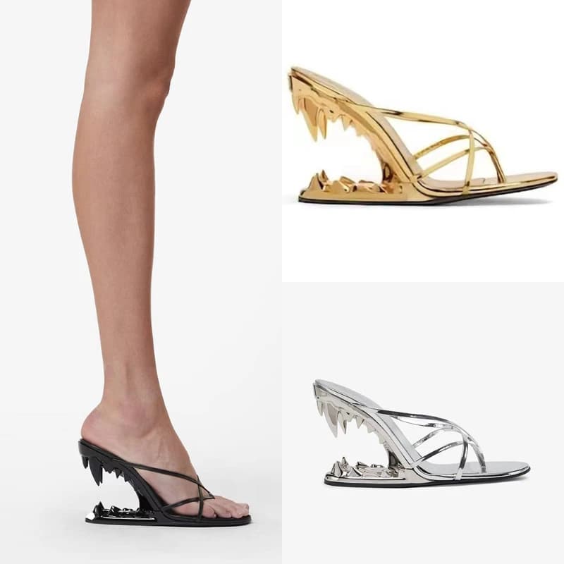 Sandali con zeppa irregolare a forma di dente, stile europeo-americano, da donna, con tacco a zeppa, ciabatte aperte con cinturino incrociato per feste
