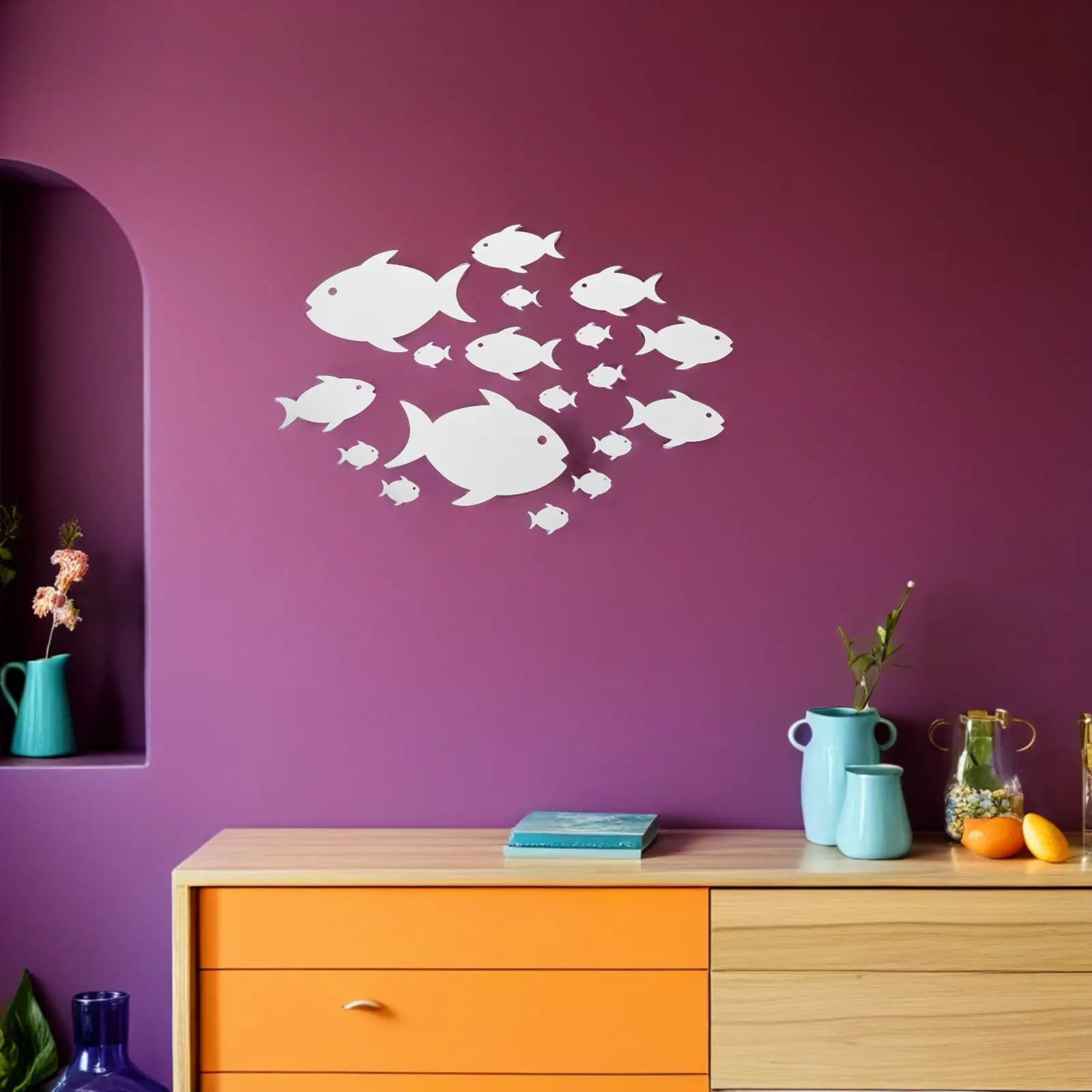 2Sets Fish Acrylic Mirror Wall Decorations Frameless Nautical Stickers Bathroom Kids Room Ocean Wall Decals Fish Acrylic Sticker