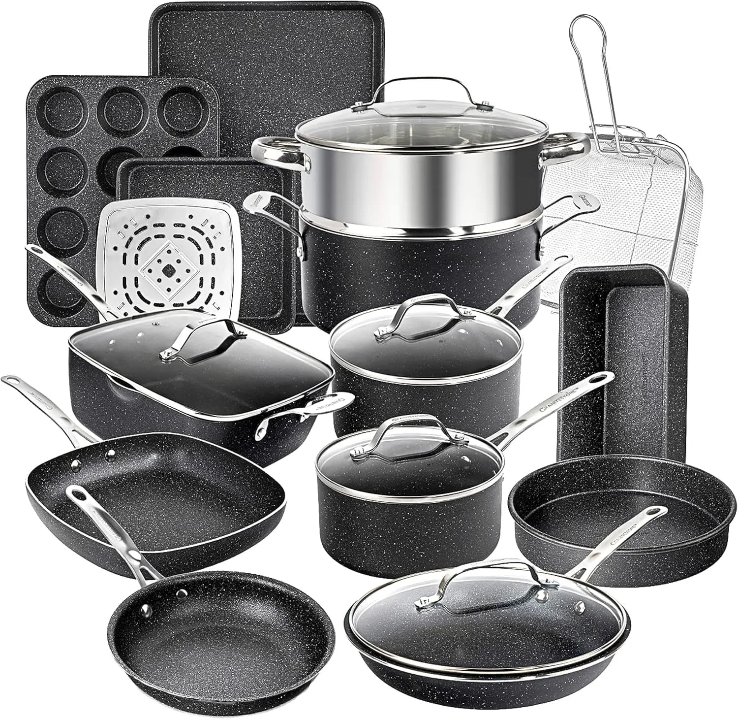 Set di Pentole Antiaderenti da 20 Pezzi con Padella, Teglia e Vaporiera, con Rivestimento Diamantato, Senza PFOS, Compatibile con Utensili in Metallo, Adatto per Forno e Lavastoviglie