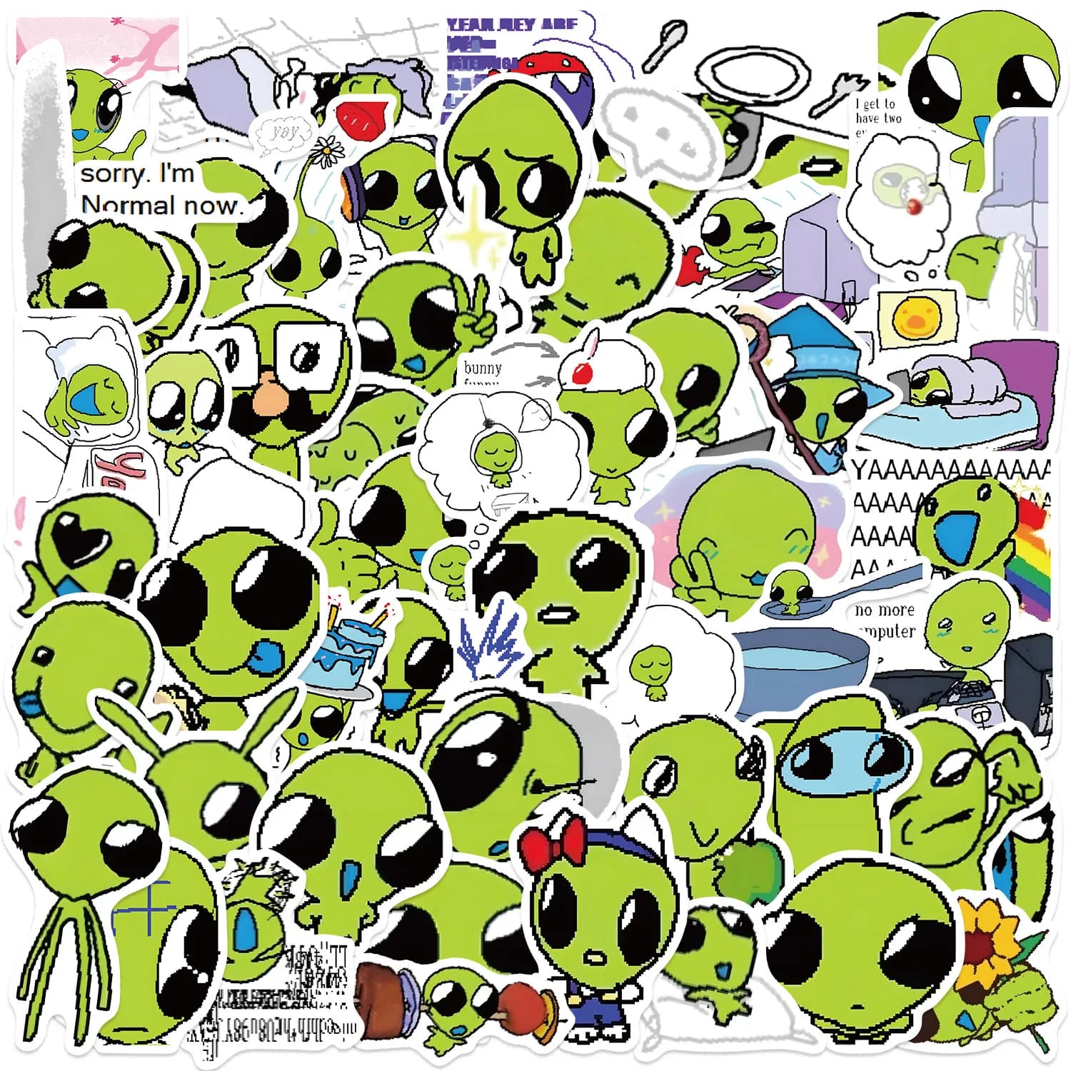 10/52 pezzi adesivi alieni verdi fai da te per scrapbook telefono chitarra laptop valigia bottiglia d'acqua decalcomanie impermeabili adesivo giocattoli per bambini