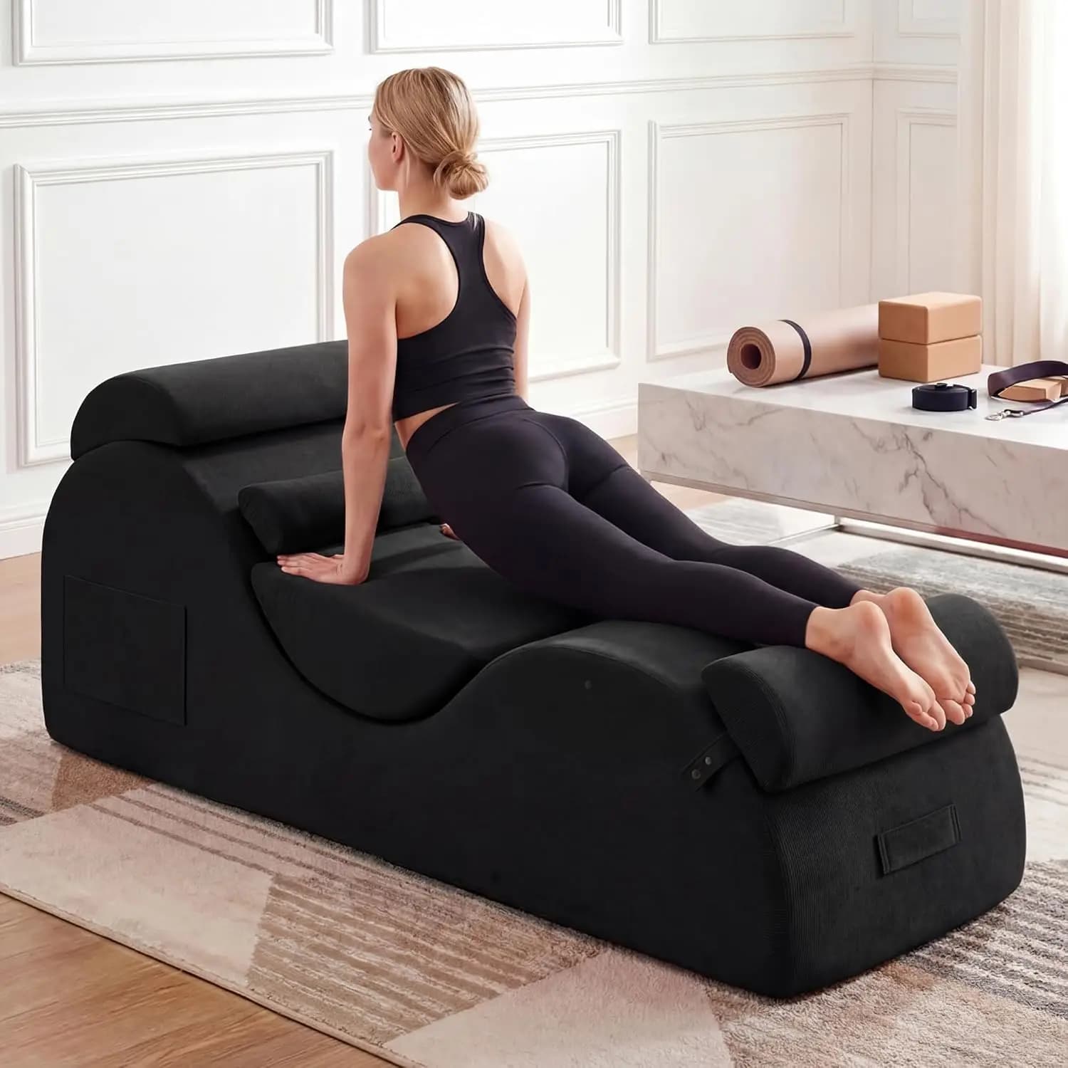 Chaise Longue Ergonomica per Yoga con Tasche Laterali e Cuscino Lombare per Esercizi di Stretching a Casa, Personalizzabile