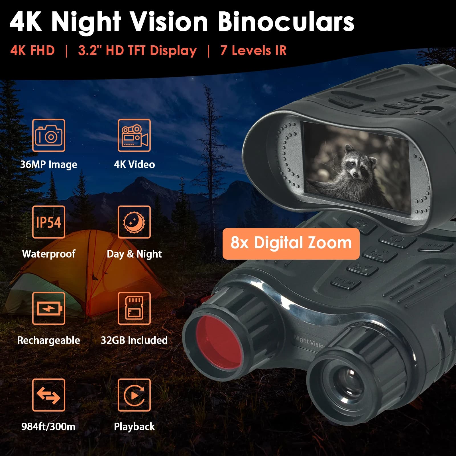 Dispositivo per la visione notturna con telescopio a infrarossi 4K Ultra HD, adatto per la caccia e il campeggio, fotocamera binoculare ricaricabile