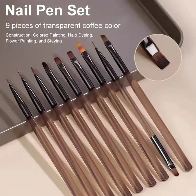 9Pcs Multi Head Nail Art Brush Set Amber Wooden Handle Soft Fiber Liner French Gradient Petal UV Gel Painting Manicure Tools