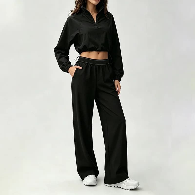 2026 New European and American Style Casual Sportswear Set for Women Loose Stand Collar Short Zip-up Cardigan Wide-leg Pants