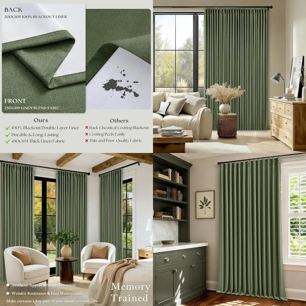Tende Oscuranti Verde Oliva 90% Lino con Doppio Strato e Design a Pieghe a Pizzico per Soggiorno e Camera da Letto