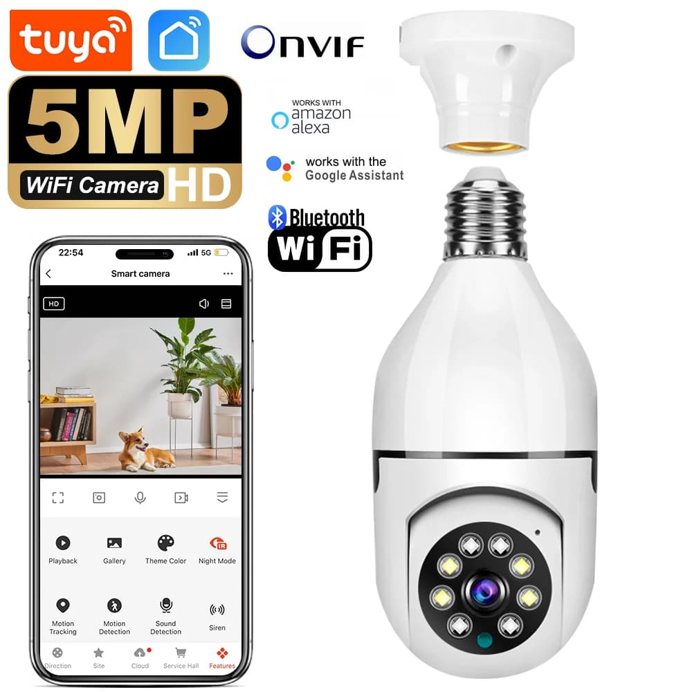 Tuya 5MP E27 Lampadina Telecamera Visione notturna a colori Rotazione a 360 gradi WiFi Telecamera interna Baby Monitor Allarme vocale Audio bidirezionale