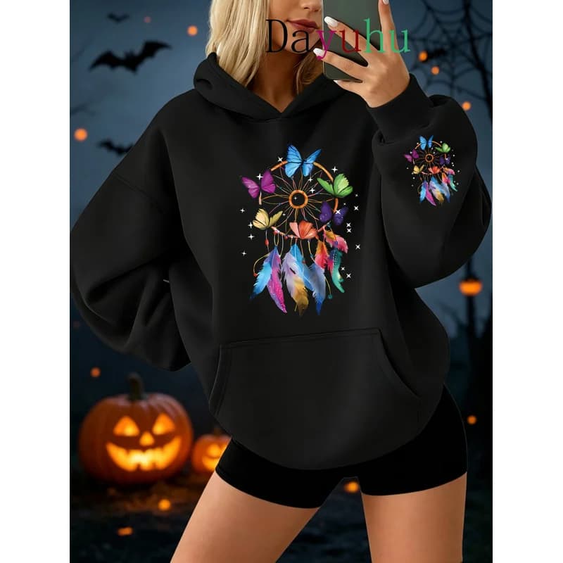 Oversized Streetwear Pullover Hoodie Halloween Colorful Butterfly Dreamcatcher Print Autumn Winter Daily Wear