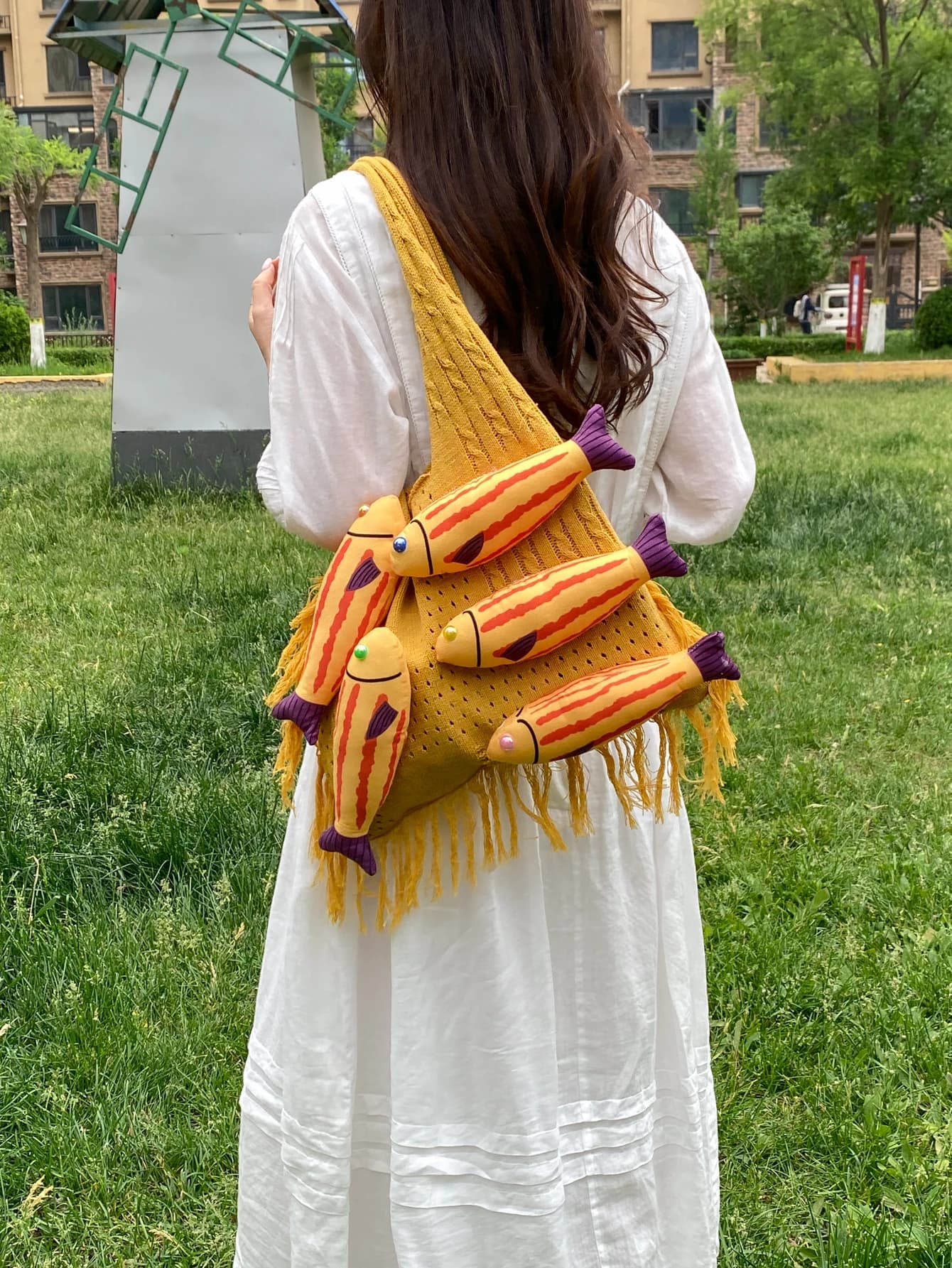 Bear Lady Knitted Tote Bag Vacation Fishing Net Splicing Fringe Single Shoulder Handheld Soft Fabric Animal Pattern Bag
