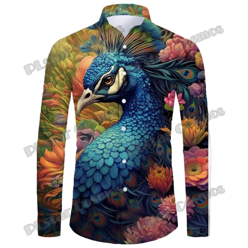 PLstar Cosmos Pavone E Fiori 3D Stampato Moda Uomo Manica lunga Button Down Camicie Primavera Uomo Casual Camicia con risvolto CXS08