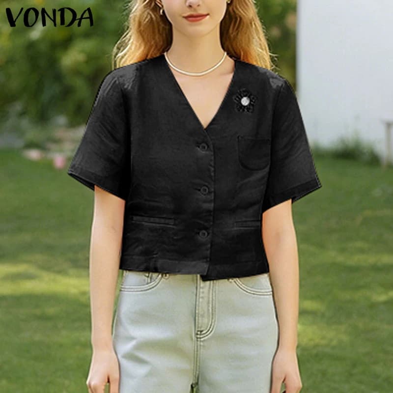 VONDA Fashion Cotton Shirts Women Short Sleeve Summer Tops 2026 Elegant Blouse V-Neck 3D Flowers Casual Office Lady Blusas 3XL