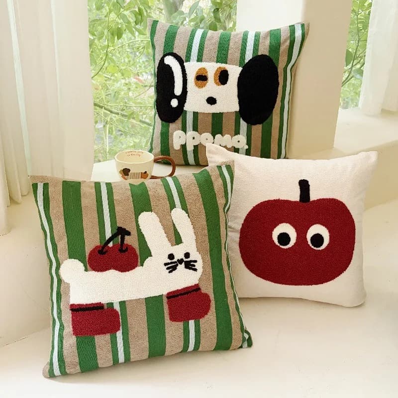 INS Style Green Stripe Pillow Cover Cute Cartoon Apple Dog Embroidery Soft Flock Cushion Cover For Living Room Home Decoration