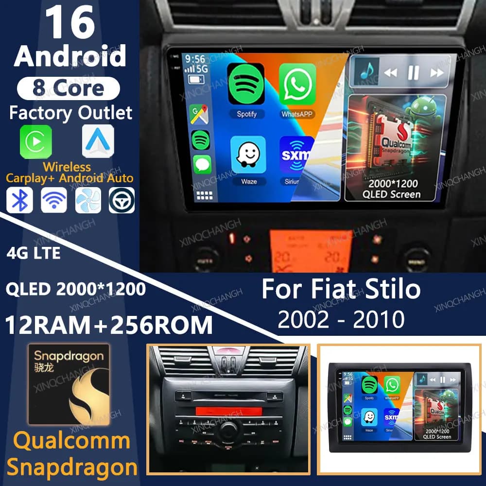 Autoradio Android 16 per Fiat Stilo 2002-2010 con Carplay, Lettore Multimediale Video Auto, QLED, 4G LTE, 5G WIFI, BT, 2DIN, GPS